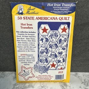 Aunt Martha's Iron-On Transfer Collection-50 State Americana Quilt 5 Sheets USA